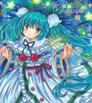  1girl :o aqua_hair blue_hairband blue_ribbon blush capelet cherry dress eyebrows_visible_through_hair flower food frilled_capelet frilled_dress frills fruit fur-trimmed_capelet fur_trim green_eyes green_ribbon hair_flower hair_ornament hair_ribbon hairband hatsune_miku holding holding_flower lily_of_the_valley long_hair long_sleeves looking_at_viewer marker_(medium) open_mouth red_ribbon ribbon rui_(sugar3) sample snowbell_(flower) solo too_many too_many_frills traditional_media very_long_hair vocaloid white_capelet white_dress white_flower wide_sleeves yuki_miku yuki_miku_(2015) 
