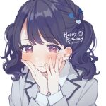  1girl :t blazer blush dark_blue_hair dated eyebrows_visible_through_hair fang flower fukumaru_koito grey_jacket hair_flower hair_ornament hands_on_own_cheeks hands_on_own_face happy_birthday idolmaster idolmaster_shiny_colors jacket looking_away mameyanagi noise red_eyes school_uniform simple_background skin_fang solo sweatdrop twintails upper_body wavy_hair white_background 