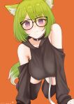  1girl absurdres akaya_shiki all_fours animal_ear_fluff animal_ears bangs belt black-framed_eyewear black_choker black_legwear black_sweater blush borrowed_character breasts choker clothing_cutout collarbone eyebrows_visible_through_hair fox_ears fox_girl fox_tail glasses green_hair hair_between_eyes highres large_breasts long_hair long_sleeves looking_at_viewer o-ring o-ring_choker off-shoulder_sweater off_shoulder orange_background original shoulder_cutout sleeves_past_wrists smirk solo sweater tail thigh-highs v-shaped_eyebrows very_long_hair violet_eyes white_belt 