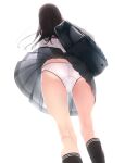  1girl ass bag black_hair black_legwear black_skirt blue_sailor_collar from_below highres kneehighs long_hair murakami_suigun original over_shoulder panties pantyshot sailor_collar school_bag school_uniform serafuku simple_background skirt solo standing thighs underwear uniform upskirt white_background white_panties wind wind_lift 