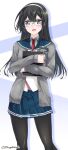  1girl black_hair black_legwear blue_eyes blue_sailor_collar blue_shirt blue_skirt blush cardigan collared_shirt commentary_request eyebrows_visible_through_hair glasses grey_cardigan hairband holding kantai_collection long_hair long_sleeves looking_at_viewer mikage_takashi necktie notebook ooyodo_(kancolle) open_mouth pantyhose pleated_skirt red_necktie sailor_collar school_uniform semi-rimless_eyewear serafuku shirt skirt smile solo twitter_username uniform white_hairband white_shirt 