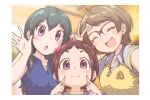  3girls :o ^_^ ^o^ ahoge blue_hair blush border brown_hair closed_eyes eyebrows_visible_through_hair finger_to_cheek glasses hair_ornament hairband hairpin highres idolmaster idolmaster_cinderella_girls looking_at_viewer multiple_girls muramatsu_sakura new_wave_(idolmaster) ooishi_izumi open_collar picture_(object) red-framed_eyewear selfie semi-rimless_eyewear smile tamachan_(gam_baru_ger) tsuchiya_ako upper_body v white_border 