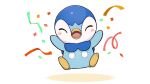  blush closed_eyes commentary_request confetti full_body happy no_humans official_art open_mouth piplup pokemon pokemon_(creature) project_pochama solo toes tongue white_background 