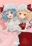  2girls :d :p absurdres alternate_costume arm_hug bangs bat_wings black_ribbon blonde_hair blue_hair blush bow buttons closed_mouth cowboy_shot crystal doujinshi dress earrings eyebrows_visible_through_hair eyes_visible_through_hair fang fang_out flandre_scarlet floating_hair floral_print flower_earrings frilled_sleeves frills from_side gloves gotoh510 hair_between_eyes hand_on_another&#039;s_arm hands_up hat hat_bow head_tilt heart high-waist_skirt high_collar highres jewelry long_hair looking_at_viewer looking_to_the_side low_wings mob_cap multiple_girls neck_ribbon open_mouth pink_background pink_skirt pink_wings pleated_dress pleated_skirt pointy_ears red_bow red_dress red_eyes remilia_scarlet ribbon shirt short_hair short_sleeves siblings simple_background sisters skirt skirt_hold smile standing stud_earrings tongue tongue_out touhou white_gloves white_headwear white_shirt wings 