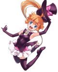  1girl :d bangs blue_eyes boots bow covered_nipples elbow_gloves eyebrows_visible_through_hair gloves hair_between_eyes hair_ribbon haneoka_meimi hat hat_bow holding holding_clothes holding_hat kaitou_saint_tail long_hair looking_at_viewer magical_girl orange_hair pink_bow ponytail purple_footwear purple_gloves purple_headwear purple_ribbon ribbon round_teeth saint_tail simple_background skindentation sleeveless smile solo suzuki24 tareme teeth thigh-highs thigh_boots very_long_hair white_background zettai_ryouiki 