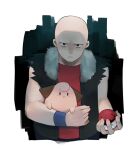  1boy bald black_eyes black_vest border cleffa closed_mouth commentary_request crack frown furosushi highres holding holding_poke_ball looking_at_viewer male_focus open_clothes open_vest poke_ball poke_ball_(basic) pokemon pokemon_(creature) pokemon_(game) pokemon_dppt red_shirt roughneck_(pokemon) shirt sleeveless sleeveless_shirt upper_body vest white_border wristband 