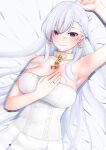  1girl absurdres arm_up armpits azur_lane bangs bare_arms bare_shoulders belfast_(azur_lane) blue_eyes blush braid breasts chain choker closed_mouth earrings hand_on_own_chest highres jewelry large_breasts long_hair looking_at_viewer lying on_back prophecy_(rakuichimonji) smile solo white_hair 