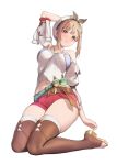  1girl absurdres arm_up atelier_(series) atelier_ryza bare_shoulders belt blush boots breasts brown_belt brown_eyes brown_hair flask hair_ornament hairclip highres jewelry large_breasts leather_belt midriff navel necklace red_shorts reisalin_stout risa_(pixiv23908854) round-bottom_flask short_shorts shorts solo thick_thighs thigh-highs thigh_boots thighs vial 