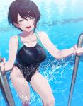  1girl black_hair black_swimsuit blue_eyes breasts collarbone competition_swimsuit fajyobore hair_ornament hairclip highres looking_at_viewer medium_breasts one-piece_swimsuit open_mouth original partially_submerged pool_ladder short_hair smile solo swimsuit tiles water wet 