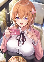  1girl blush bread breasts buttons cake cellphone collared_shirt drink drinking_straw eyebrows_visible_through_hair food gochuumon_wa_usagi_desu_ka? hair_between_eyes hair_ornament hairclip highres holding holding_phone hoto_cocoa large_breasts long_hair long_sleeves open_mouth orange_hair phone shirt sitting smartphone solo violet_eyes white_shirt xephyrks 