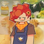  1boy alternate_costume alternate_universe bandana bee brown_shirt cookie_docinha cow ear_piercing flower flower_on_head friday_night_funkin&#039; friday_night_funkin&#039;_soft honey orange_hair overalls photo_background pico_(pico&#039;s_school) shirt short_hair smile solo white_eyes 