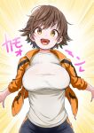  absurdres arms_behind_back bangs black_shorts breasts brown_hair commentary_request emphasis_lines eyebrows_visible_through_hair highres hogey_nk-2000 honda_mio idolmaster idolmaster_cinderella_girls jacket large_breasts looking_at_viewer open_mouth orange_hair shirt short_hair shorts simple_background striped striped_jacket striped_shirt tareme teeth translation_request unzipped upper_teeth white_shirt yellow_background 