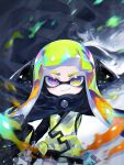  1girl agent_3_(splatoon) artist_request bad_source bangs black_cape black_shorts blonde_hair cape closed_mouth gun headgear holding holding_gun holding_weapon inkling jacket long_hair long_sleeves looking_at_viewer orange_hair short_shorts shorts smile solo splatoon_(series) standing tentacle_hair upper_body violet_eyes weapon yellow_eyes yellow_jacket 