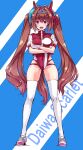  1girl :d animal_ears ass_visible_through_thighs bangs breasts brown_hair character_name covered_navel crossed_arms daiwa_scarlet_(umamusume) duplicate eyebrows_visible_through_hair fang full_body hair_between_eyes hair_intakes highres horse_ears horse_girl horse_tail legs_apart long_hair looking_at_viewer medium_breasts pink_eyes pixel-perfect_duplicate shoelaces shoes skindentation smile sneakers solo standing suzuki24 tail thigh-highs thighs tiara twintails umamusume very_long_hair white_legwear 