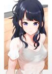  1girl bangs black_hair bra_visible_through_clothes bralines breasts commentary_request eyebrows_visible_through_hair highres hogey_nk-2000 idolmaster idolmaster_shiny_colors indoors kazano_hiori long_hair medium_breasts mole mole_under_mouth parted_lips ponytail see-through shiny shiny_hair shirt short_sleeves solo sports_bra steaming_body sweat upper_body violet_eyes wavy_mouth wet wet_clothes wet_shirt wooden_floor 