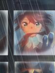  1girl bangs blue_gloves closed_mouth commentary_request crop_top expressionless eyelashes floating_hair gloves green_eyes hair_ornament hand_up highres looking_at_viewer looking_outside misha_(ohds101) pokemon pokemon_(game) pokemon_bw rain redhead sidelocks skyla_(pokemon) solo through_window 