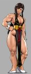  1girl annoyed bangs biceps black_hair bracelet cessa chinese_clothes chun-li commission english_commentary grey_background hand_on_hip jewelry long_hair muscular muscular_female no_bra no_panties parted_lips shadow shoes simple_background solo spiked_bracelet spikes street_fighter white_footwear 