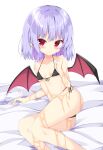  1girl :o alternate_costume arm_up ass bangs bare_shoulders bat_wings bed_sheet bikini black_bikini blush breasts breasts_apart collarbone commentary_request dot_nose eyebrows_visible_through_hair eyelashes knees kuraaken light_purple_hair lube lying navel on_bed on_side pointy_ears red_eyes remilia_scarlet shiny shiny_hair short_hair simple_background small_breasts solo stomach sweatdrop swimsuit thighs touhou wet white_background wings 