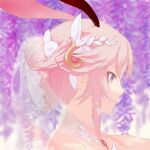  1girl animal_ears bangs blurry blurry_background bridal_veil closed_mouth dress fox_ears highres honkai_(series) honkai_impact_3rd pink_hair portrait rafaelaaa solo veil violet_eyes wedding_dress yae_sakura yae_sakura_(flame_sakitama) 