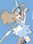  1girl artist_name bare_arms blue_background brown_eyes brown_hair commentary commission dirty dress floating_hair grey_dress helmet holding holding_sword holding_weapon jasmine_(pokemon) leg_up long_hair looking_back pokemon pokemon_(game) pokemon_gsc simple_background sleeveless sleeveless_dress solo sooperman sword torn_clothes torn_dress two-handed_sword weapon 