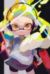  1girl bangs black_shorts blonde_hair closed_mouth floating_hair gun headphones holding holding_gun holding_weapon ineueta ink inkling long_hair looking_at_viewer shiny shirt short_shorts short_sleeves shorts solo splatoon_(series) standing upper_body v-shaped_eyebrows weapon white_shirt yellow_eyes 