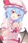  1girl :d ascot bangs bat_wings blush bow buttons center_frills commentary_request dress e.o. eyebrows_visible_through_hair eyelashes fang frilled_shirt_collar frills hat hat_bow hat_ribbon highres light_blue_hair mob_cap open_mouth pink_dress pink_headwear puffy_short_sleeves puffy_sleeves red_bow red_eyes red_neckwear remilia_scarlet ribbon short_hair short_sleeves skin_fang smile solo standing touhou upper_body v-shaped_eyebrows white_background wings wrist_cuffs 