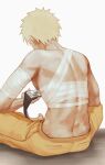  1boy back bandages behindxa blonde_hair chinese_commentary forehead_protector holding male_focus naruto naruto_(series) short_hair simple_background sitting solo solo_focus uzumaki_naruto white_background 