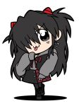  1girl :p alternate_eye_color alternate_hair_color bkub_(style) black_eyes black_hair black_legwear boots chibi commentary earrings eyebrows_visible_through_hair full_body gothic hair_over_one_eye hairpods heart heart_earrings jewelry long_hair neon_genesis_evangelion pantyhose poptepipic sasihmi school_uniform simple_background sleeves_past_fingers sleeves_past_wrists smile solo souryuu_asuka_langley tongue tongue_out white_background 