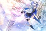  1girl :d absurdres amane_kanata angel angel_wings asymmetrical_bangs asymmetrical_hair asymmetrical_legwear bangs belt beret black_dress black_gloves black_legwear blue_belt blue_hair blue_legwear colored_inner_hair dress feathered_wings flying full_body gloves hair_ornament hair_over_one_eye hairclip halo hand_on_headwear hat highres hololive jacket jewelry kneehighs long_hair long_sleeves looking_at_viewer mismatched_legwear multicolored_hair necklace open_mouth partially_fingerless_gloves pleated_dress puffy_long_sleeves puffy_sleeves purple_(jobseeking) shoes short_dress silver_hair single_hair_intake single_kneehigh single_thighhigh sleeveless sleeveless_dress smile sneakers solo star_halo thigh-highs thigh_pouch two_side_up uneven_legwear violet_eyes virtual_youtuber white_footwear white_headwear white_jacket white_wings wings 
