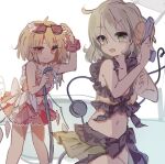  alternate_costume bangs bikini blonde_hair blush bow closed_mouth crystal dress_bow eyeball eyebrows_visible_through_hair eyewear_on_head flandre_scarlet frilled_bikini frills green_bikini green_eyes green_hair hair_between_eyes hands_on_eyewear heart heart_of_string hose komeiji_koishi no_hat no_headwear open_mouth red_bikini red_eyes sorani_(kaeru0768) sunglasses swimsuit third_eye touhou v-shaped_eyebrows water_gun wavy_hair white_background white_bow wings wrist_cuffs yellow_bikini 