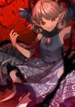  1girl absurdres bare_legs bare_shoulders barefoot blue_dress curly_hair detached_sleeves dress earrings highres horn_ornament horn_ribbon horns jewelry meandros otoshiro_kosame oversized_object patterned_clothing pointy_ears red_eyes red_horns red_sleeves ribbon sharp_teeth sheep_horns spork teeth touhou toutetsu_yuuma white_hair 