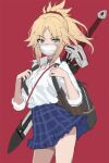  1girl backpack bag bangs blonde_hair blue_skirt blush braid breasts choker clarent_(fate) collared_shirt dress_shirt fate/apocrypha fate_(series) french_braid green_eyes hair_ornament hair_scrunchie highres long_hair looking_at_viewer mask mordred_(fate) mordred_(fate/apocrypha) mouth_mask parted_bangs ponytail red_background red_scrunchie scrunchie shirt sidelocks simple_background skirt sleeves_rolled_up small_breasts surgical_mask sword tonee weapon white_shirt 