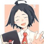  1boy :d ahoge black_hair blush cheren_(pokemon) collared_shirt commentary_request flying_sweatdrops hands_up holding male_focus misha_(ohds101) necktie open_mouth pokemon pokemon_(game) pokemon_bw2 red_necktie shirt short_hair smile solo sweatdrop teeth tongue upper_body upper_teeth white_shirt 