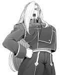  1girl amestris_military_uniform asymmetrical_bangs bangs fullmetal_alchemist gloves guhanshounen hair_over_one_eye hand_on_hip lips long_hair military military_uniform monochrome olivier_mira_armstrong solo tented_shirt uniform upper_body 