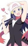  1girl :d absurdres arm_up beanie black_hair blush bracelet breasts bright_pupils commentary_request floating_scarf grey_eyes hair_ornament hairclip hat heart highres hikari_(pokemon) jewelry konbanwa01 long_hair open_mouth pink_skirt pokemon pokemon_(game) pokemon_dppt red_scarf scarf shirt skirt sleeveless sleeveless_shirt smile solo teeth upper_teeth white_headwear white_pupils 