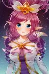  1girl :d bangs blue_eyes breasts collarbone detached_sleeves drill_hair eyebrows_visible_through_hair gradient gradient_background hair_ornament highres large_breasts league_of_legends long_hair looking_at_viewer pointy_ears shrimp_cake smile solo star_(symbol) star_guardian_(league_of_legends) star_hair_ornament twin_drills upper_body white_sleeves 