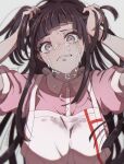  1girl apron arms_up artist_name bandages bangs blunt_bangs breasts crying danganronpa_(series) danganronpa_2:_goodbye_despair grey_background hands_in_hair highres kitsunebi_v3kokonn large_breasts long_hair looking_at_viewer mole open_mouth parted_lips pink_eyes pink_shirt puffy_short_sleeves puffy_sleeves shirt short_sleeves simple_background solo tears teeth tsumiki_mikan 