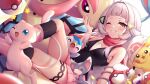 1girl arata_(xin) bangs beanie black_shirt blunt_bangs blush breasts cosplay dawn_(pokemon)_(cosplay) glameow grin hair_ornament hairclip hand_on_another&#039;s_face hat hat_removed headwear_removed hikari_(pokemon) hololive looking_at_viewer mew milotic murasaki_shion one_eye_closed pikachu pink_skirt poke_ball poke_ball_(basic) poke_ball_symbol pokemon pokemon_(game) pokemon_bdsp potion_(pokemon) shirt silver_hair skirt small_breasts smile sparkle star_(symbol) thigh_strap thighs third-party_source white_headwear yellow_eyes 