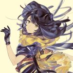  1girl back_bow bangs black_gloves black_hair bow brown_eyes gloves hand_up highres long_hair looking_at_viewer original parted_lips simple_background solo umishima_senbon upper_body yellow_background yellow_bow 