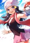  1girl :d beanie black_hair blush clouds commentary_request day eyelashes floating_scarf grey_eyes hair_ornament hairclip hat highres hikari_(pokemon) holding holding_poke_ball lens_flare long_hair looking_to_the_side open_mouth outdoors pink_skirt piroshiki123 poke_ball poke_ball_(basic) pokemon pokemon_(game) pokemon_dppt scarf shiny shiny_hair shirt skirt sky sleeveless sleeveless_shirt smile solo sparkle teeth upper_teeth white_headwear 