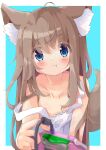  1girl :t ahoge animal_ear_fluff animal_ears bangs bare_arms bare_shoulders blue_background blue_eyes blurry blurry_foreground blush brown_hair cat_ears closed_mouth commentary_request controller depth_of_field dress eyebrows_visible_through_hair game_boy_advance game_controller hair_between_eyes handheld_game_console highres holding long_hair looking_at_viewer manabe_mana nintendo original pout solo strap_slip tail two-tone_background upper_body very_long_hair white_background white_dress 