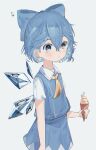  1girl :/ ascot bangs blue_hair brown_eyes cirno commentary_request eyebrows_visible_through_hair flat_chest hair_between_eyes highres ice ice_wings otomo_no_sachi short_hair simple_background solo touhou white_background wing_collar wings yellow_ascot 
