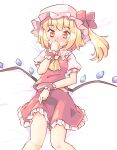  1girl arnest ascot bangs blonde_hair blush crystal eyebrows_visible_through_hair feet_out_of_frame flandre_scarlet hand_to_own_mouth hand_up hat hat_ribbon looking_at_viewer lying medium_hair mob_cap on_back one_side_up pink_headwear pink_shirt red_eyes red_ribbon red_skirt red_vest ribbon shirt short_sleeves skirt solo touhou vest wings wrist_cuffs yellow_ascot 