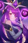  1girl artist_name bangs bare_shoulders breasts elbow_gloves eyebrows_visible_through_hair eyeptach from_side gloves gradient gradient_background hair_ornament highres large_breasts league_of_legends long_hair pink_eyes purple_hair shiny shiny_hair shiny_skin shrimp_cake smile solo star_guardian_(league_of_legends) starry_background upper_body watermark white_gloves 