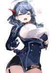  1girl 7gao ako_(blue_archive) anger_vein angry blue_archive blue_eyes blue_gloves blue_hair blue_jacket breasts buttons collar earrings eyebrows_visible_through_hair gloves highres jacket jewelry large_breasts long_hair looking_at_viewer open_mouth ribbon solo standing 