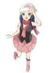  1girl :d bare_arms beanie black_legwear black_shirt blush boots commentary_request eyelashes full_body grey_eyes hair_ornament hairclip hat highres hikari_(pokemon) kneehighs leg_up long_hair looking_at_viewer nyagonya21 open_mouth pink_footwear pink_skirt pokemon pokemon_(game) pokemon_dppt red_scarf scarf shirt skirt sleeveless sleeveless_shirt smile solo tongue white_headwear 