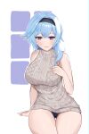  1girl absurdres bare_shoulders blue_hair blush breasts brulee casual eula_(genshin_impact) genshin_impact hairband half-closed_eyes hand_on_own_chest highres large_breasts looking_at_viewer panties sleeveless sleeveless_sweater smile solo sweater thick_thighs thighs underwear 