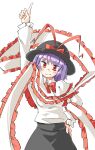  1girl arnest bangs black_headwear black_skirt bow closed_mouth hagoromo hand_on_hip hat hat_ribbon long_sleeves looking_at_viewer medium_hair nagae_iku pointing pointing_up purple_hair red_bow red_eyes red_ribbon ribbon shawl shirt simple_background skirt smile solo touhou upper_body white_background white_shirt 