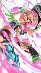  1girl aqua_footwear bangs belly bike_shorts black_headwear black_shorts fangs from_below hat highres holding holding_water_gun ink_tank_(splatoon) inkling iria_(yumeirokingyo) looking_down looking_to_the_side navel open_mouth pink_hair print_shirt running shirt shoes short_hair short_shorts short_sleeves shorts smile splatoon_(series) splatoon_2 water_gun white_background white_shirt yellow_eyes 