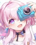  1girl :d bangs black_choker camera choker covering_one_eye earrings holding holding_camera honkai:_star_rail honkai_(series) jewelry l_ii long_hair looking_at_viewer march_7th_(honkai:_star_rail) open_mouth pink_eyes pink_hair shirt simple_background smile solo white_background white_shirt 